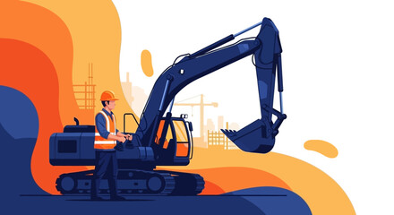 Construction worker operates an excavator at a building site representing industry and development