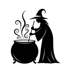 Spooky witch brewing potion in cauldron with swirling steam silhouette for halloween celebrations and mysterious occasions isolated on white background