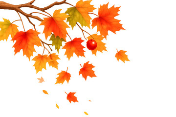 autumn leaves on white background - Autumn Branch with Falling Leaves – Red Fruit and Maple Leaves in Shades of Orange, Red, and Yellow on White Background Representing Seasonal Change