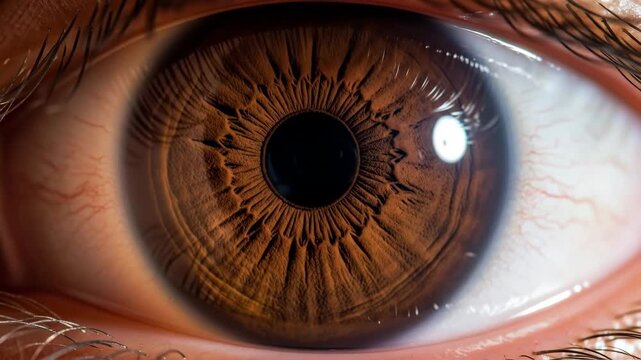 A detailed macro of a beautiful human eye with a brown iris and a dilated pupil showing the intricate texture and patterns of the human anatomy
