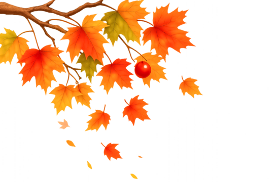 autumn leaves on white background - Autumn Branch with Falling Leaves – Red Fruit and Maple Leaves in Shades of Orange, Red, and Yellow on White Background Representing Seasonal Change - Powered by Adobe