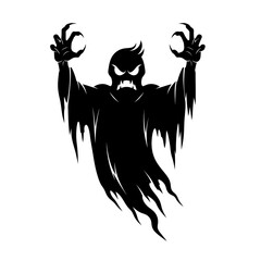 Fototapeta premium Fearsome ghost silhouette with claws raised and menacing grin for spooky halloween or scary horror concepts isolated on white background