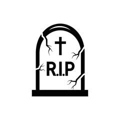 Classic tombstone with r.i.p. inscription and cross symbol symbolizing death mourning grief and funeral rituals in a simple monochromatic design isolated on white background