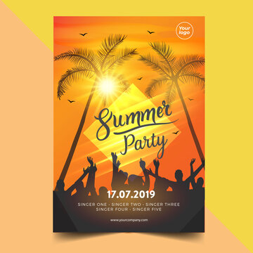 Summer party music poster template. Electro style concert disco club party event flyer invitation	