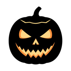 Spooky black halloween jack o lantern with glowing orange eyes and jagged teeth perfect for autumn celebrations and festive decorations isolated on white background