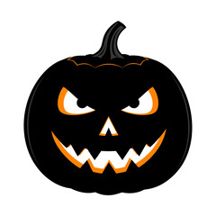 Spooky black halloween jack o lantern with glowing orange eyes and jagged teeth celebrates autumn harvest and scary holiday season isolated on white background