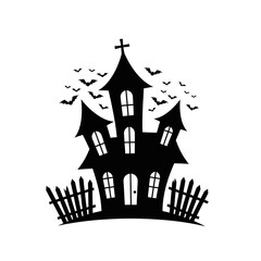 Spooky haunted mansion silhouette with flying bats and jagged fence perfect for halloween decorations and graphic design projects isolated on white background