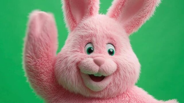 A cheerful and friendly pink rabbit character in a fluffy costume greets the camera with a wave, isolated against a chroma key green screen background