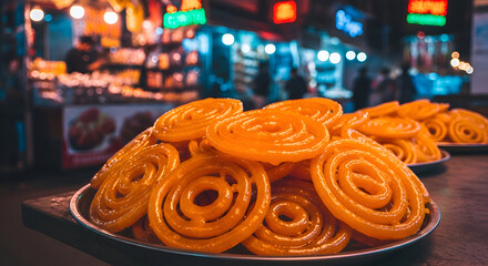 Jalebi Displayed On Plates, Food Photography In A Street Market Setting