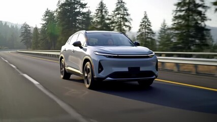 A sleek, pale silver metallic crossover suv glides silently on a pristine multi-lane highway, framed by guardrails and a dense evergreen forest at golden hour with a lens flare. Open road travel