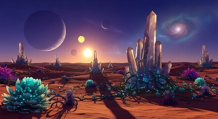 Alien Planet Landscape Crystalline Structures Exotic Plants: Otherworldly Desert Scene with Multiple Planets Glowing Flora, Surreal Vista Extraterrestrial Landscape