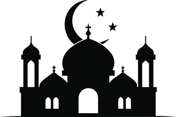 Silhouette of a mosque with stars and moon silhouette