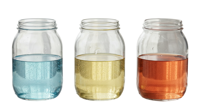Three glass jars filled with blue, yellow, and orange liquids on a white background, perfect for science experiments or colorful displays