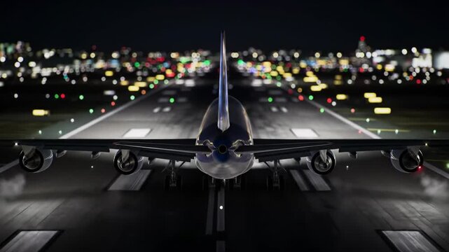 A large commercial jet performs a precise night landing on a brightly lit airport runway, with engine glow, friction smoke, and a distant city skyline visible, high-fidelity aviation operation