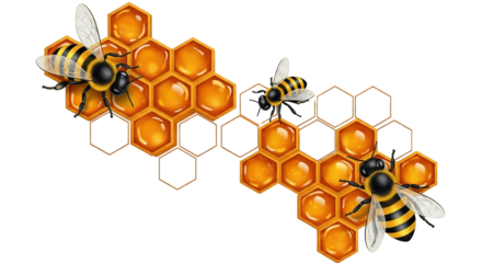 Bees gather around a golden honeycomb, their stripes contrasting with the amber liquid inside.