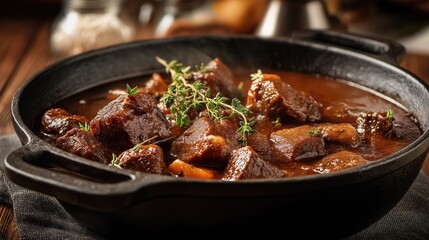 Beef stew in a cast-iron pot, rich brown gravy, cottage kitchen background