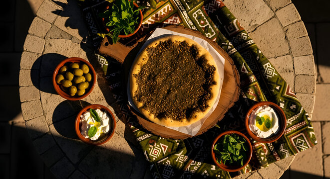 Lebanese manouche with olives and labneh, a delicious breakfast or lunch meal