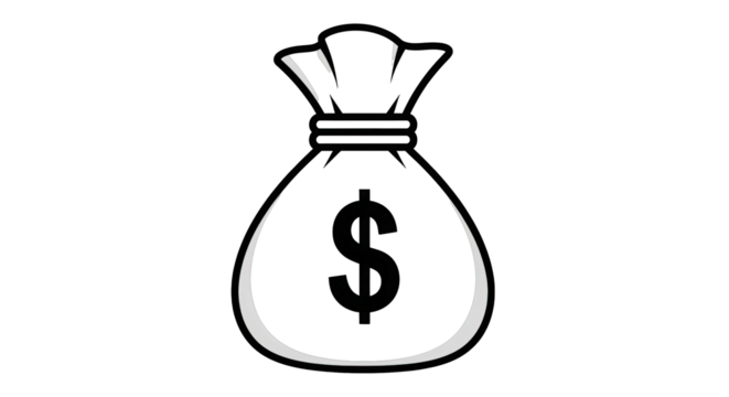 A stylized white money bag, cinched at the top, featuring a dollar sign, isolated on black.