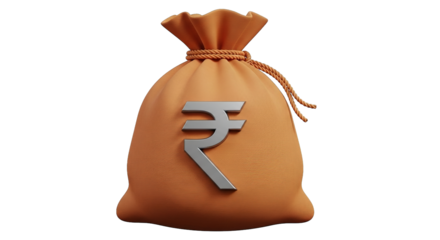 Isolated bag of money tied with rope displaying the Indian Rupee currency symbol in silver.