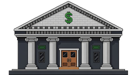 Obraz premium Pixel art style image of a stately building façade, embellished with fluted columns and dollar sign