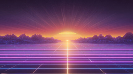 Retro futuristic sunset with neon grid mountains
