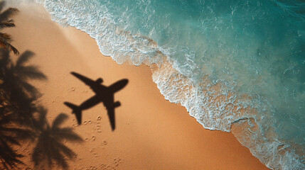 Airplane shadow flying over beautiful exotic tropical beach with sunny cay - Summer vacation travel concept . A happy family on summer holidays .