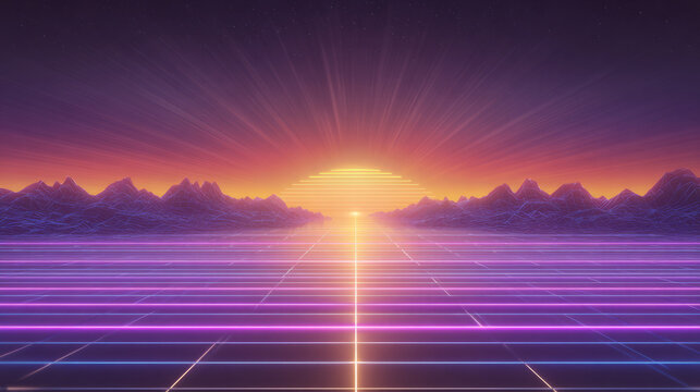 Retro futuristic sunset with neon grid mountains
