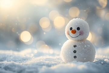 Obraz premium Smiling snowman standing in soft morning light with snow and glowing bokeh background, symbolizing joy, peace, and winter wonder.