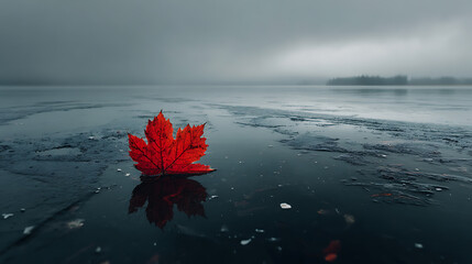 Red maple leaf on frozen lake autumn season scenic landscape nature photography travel canada outdoor cold day