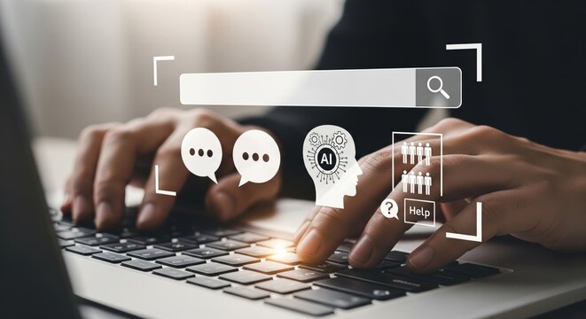 AI Search HUD over Laptop Keyboard with Chat Bubbles and AI Circuit Head Icon