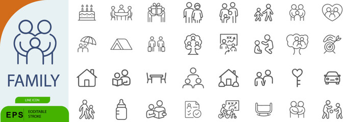 Family Icon Set – 36 Line Style Symbols for Parenting, Home Life, and Emotional Connection