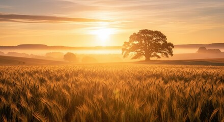 Fototapeta premium Golden sunrise over a wheat field with a lone oak tree silhouetted against the glowing sky.