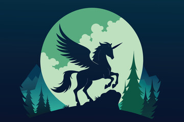 Silhouette of a winged unicorn against a large moon and forest landscape