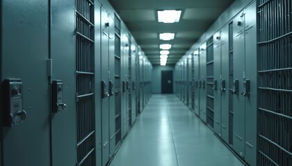 Rows of modern prison cells with metal bars and digital locks line a clean, institutional hallway. The secure facility features bright lights illuminating the path towards a distant closed door.