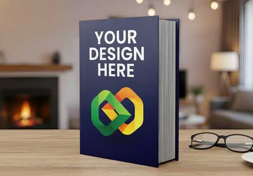 Book Mockup Pages Visible Desk Beverag