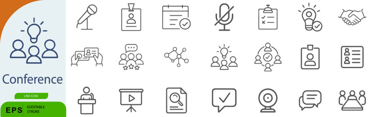 Conference Icon Set – 24 Line Style Symbols for Meetings, Seminars, and Professional Events