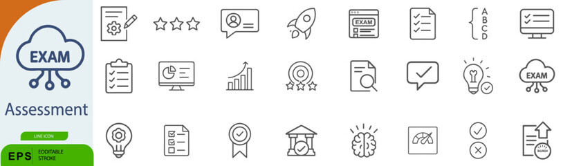Exam & Assessment Icon Set – 24 Line Style Symbols for Testing, Evaluation, and Academic Performance