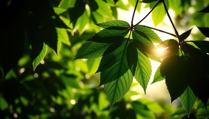 Silhouetted leaves glowing with backlight, vibrant green hues,   flora,   detail