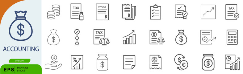 Accounting Icon Set – 24 Line Style Symbols for Finance, Tax, and Business Management