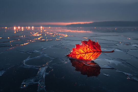 Red leaf on frozen lake at sunset nature landscape photography autumn winter season scenic view stock image