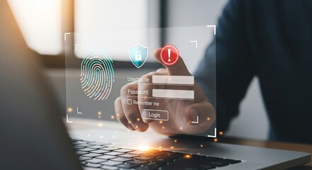 Fingerprint Login HUD with Shield Padlock and Red Alert Icon Over Laptop