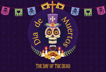 Colorful Día de Muertos vector illustration with decorated sugar skull and full elements altar. Mexican Day of the Dead celebration design for poster, banner, ,background and greeting card