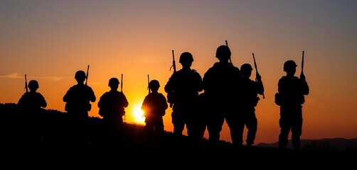 Silhouetted soldiers stand at sunset, rifles lowered, signifying peace, stillness, arms