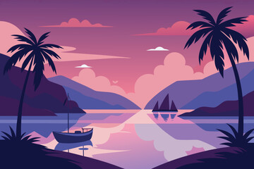 Tropical sunset with palm trees and sailboats on calm water