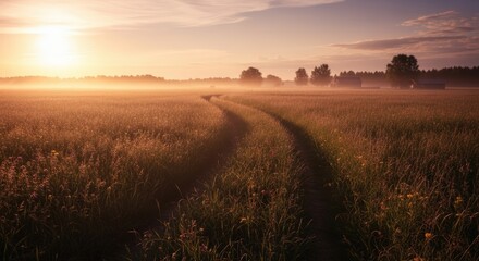 Obraz premium A winding dirt road through a misty field at sunrise, with the sun casting a warm glow.