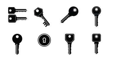 A collection of various black key and lock silhouettes isolated on white