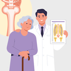 Doctor and Elderly Patient Discussing Bone Health with Skeleton Diagram Vector Illustration