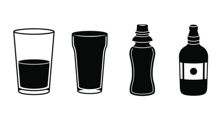 Four different beverage containers displayed in a simple black and white style