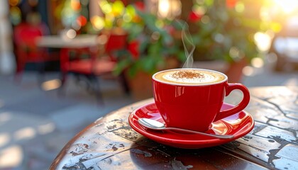 A vibrant red cup on wooden table in of cappuccino with foamy milk and cinnamon on top, served, Generated with AI.