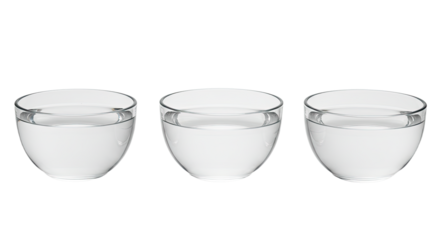 Three transparent glass bowls filled with clear water isolated on white background, perfect for cooking or kitchen use